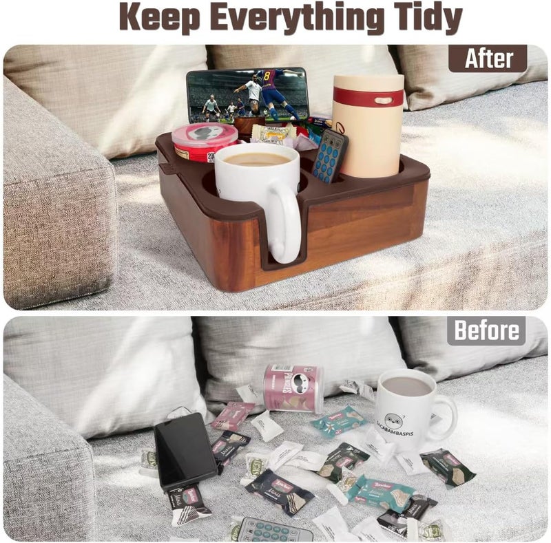 Couch Buddy Couch Cup Holder Tray, Real Acacia Wooden Caddy with Soft Silicone, Snack and Drink Organizer- Perfect Movie Night Accessories for Bed, Remote and Cup Holders for Sofa (Coffee) - Image 3